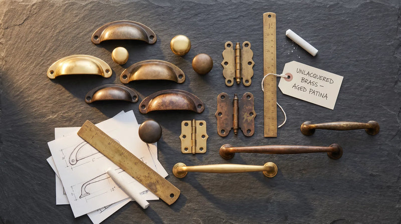 Brass cabinet hardware pieces arranged on a dark slate surface