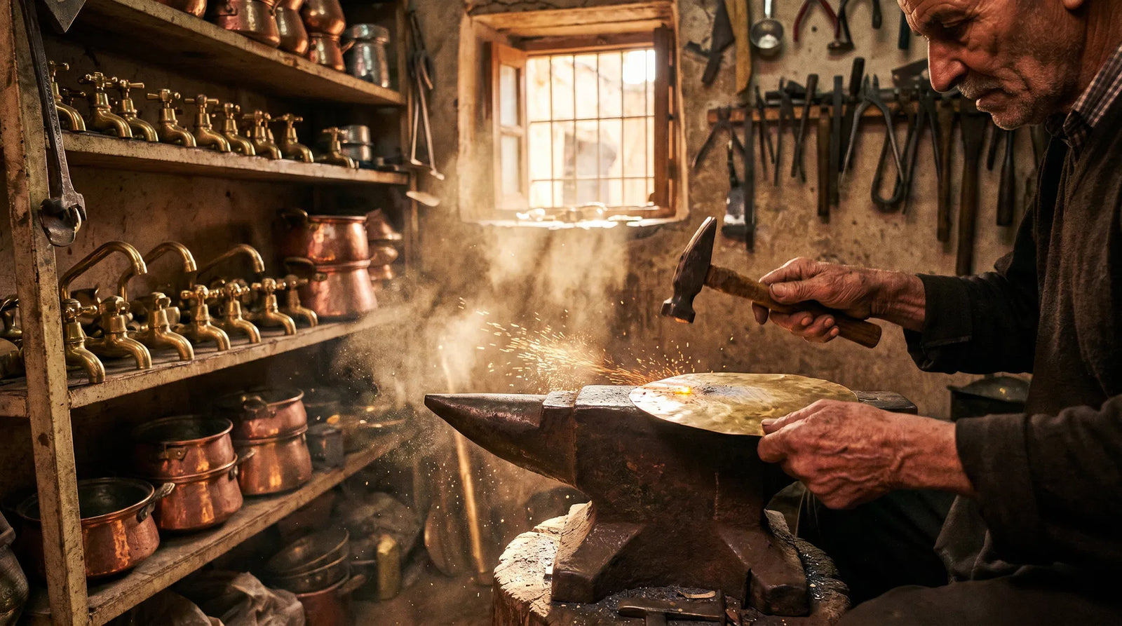 Moroccan artisan hammering brass on an anvil in a traditional workshop