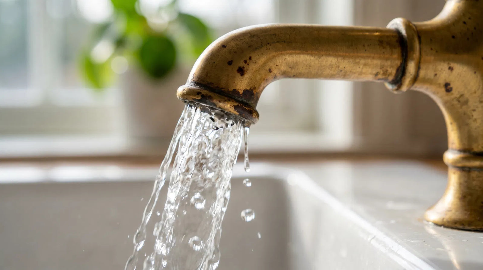 Water flowing from an unlacquered brass faucet into a white ceramic sink