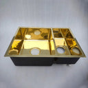Unlacquered brass workstation sink – offset bowl layout, natural brass patina