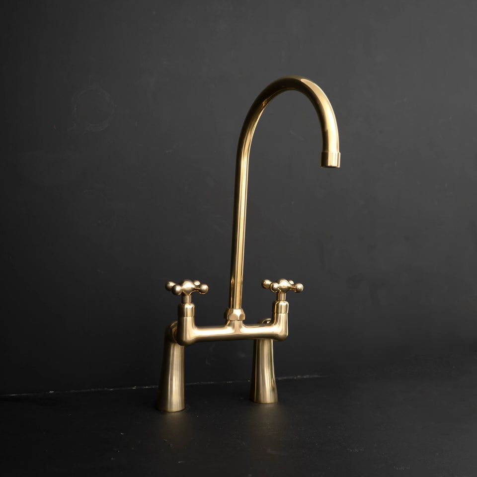 Prestige unlacquered brass bridge kitchen faucet – refined silhouette, front view