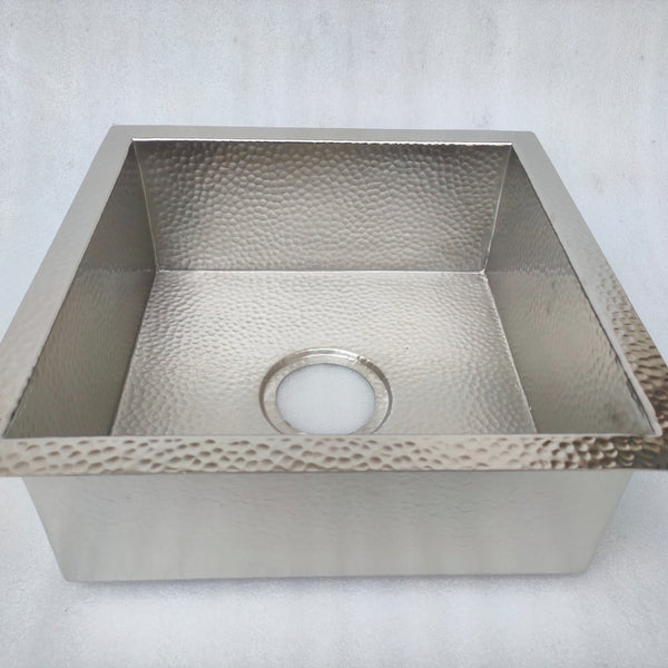 Handmade square silver kitchen sink – undermount with hammered texture, front view