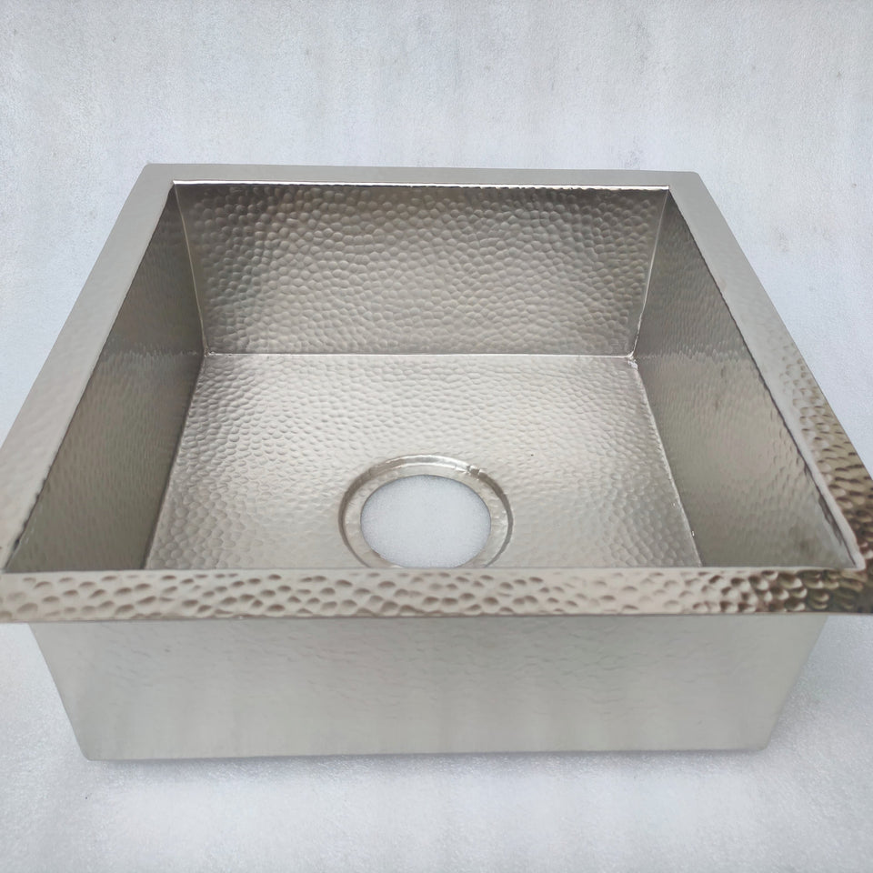 Handmade square silver kitchen sink – undermount with hammered texture, front view