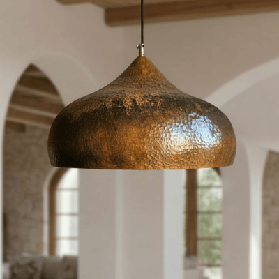 Aged hammered copper dome pendant light with warm rustic finish – farmhouse kitchen fixture – Brass For Homes