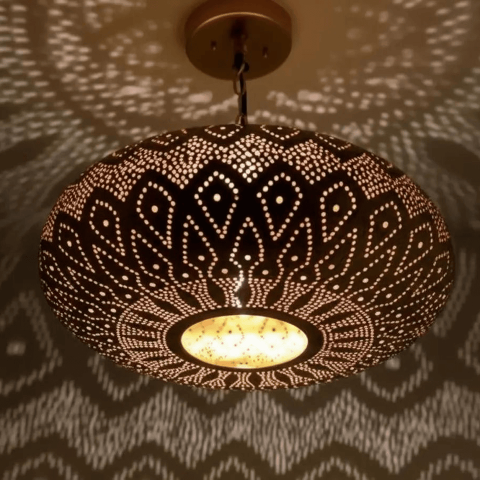 Brass Flush Pendant Light – Lotus Pattern Pierced Ceiling Shadow Fixture - Brass For Homes - 