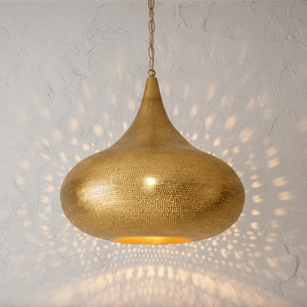 Handmade perforated brass onion dome pendant light – front view showing dome shape
