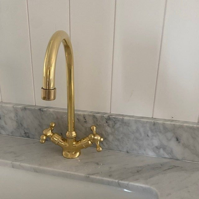 Unlacquered Brass Gooseneck Faucet kitchen faucet for kitchen sinks, prep sinks, bridge faucet layouts, and farmhouse kitchens - view 1