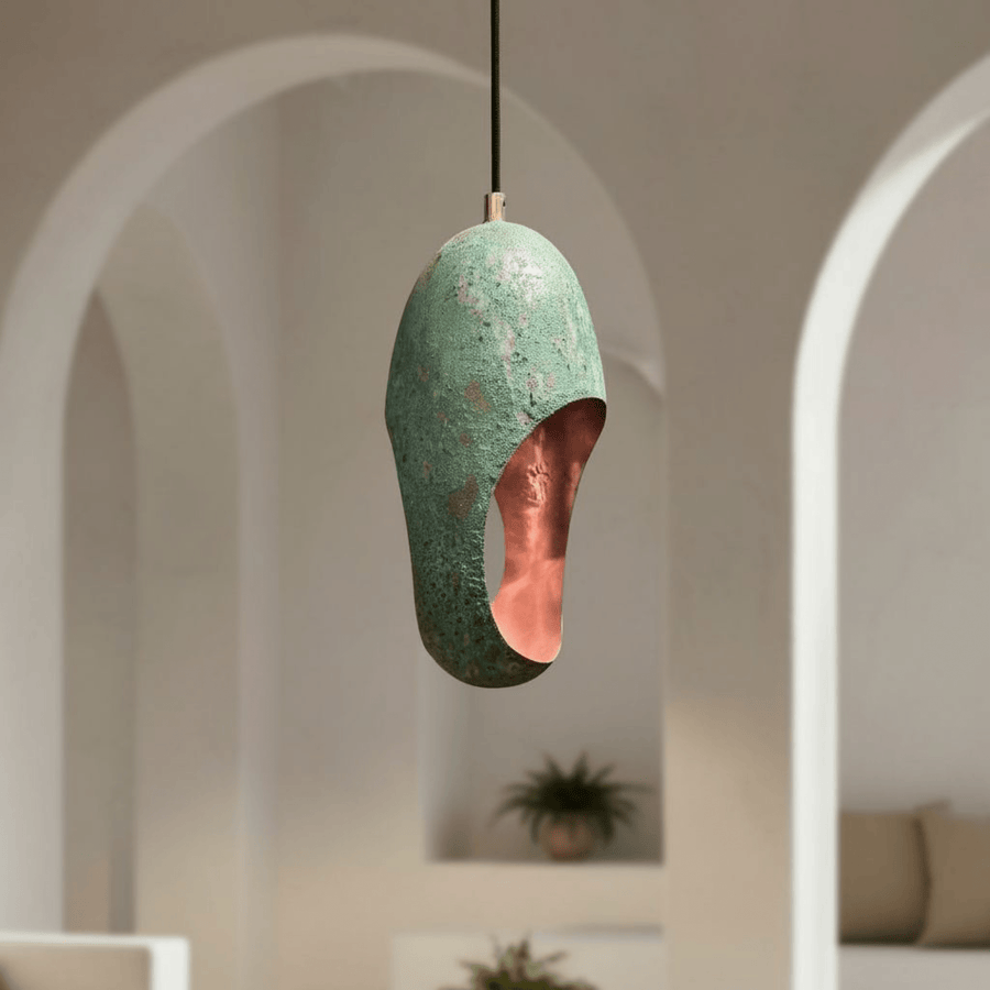 Green Patina Copper Pendant – Cutout Dome Ceiling Light for Rustic Decor pendant light for kitchen islands, dining rooms, vanities, and warm artisan interiors - view 1