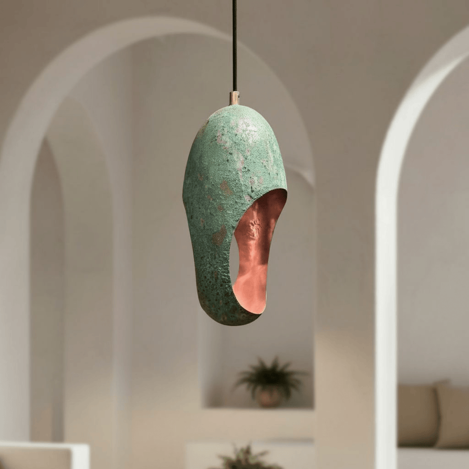 Green patina copper cutout dome pendant — rustic patterned ceiling light — Brass For Homes