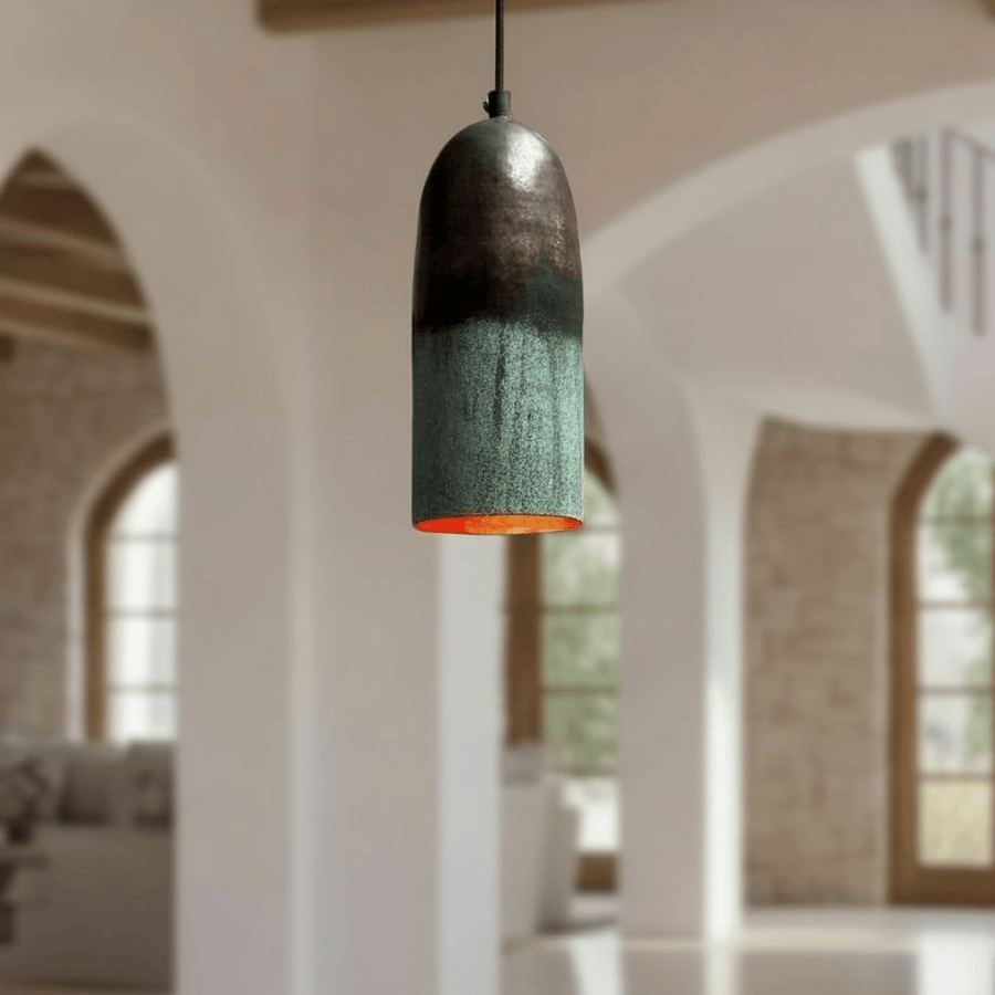 Green patina copper cylinder pendant — handmade oxidized ceiling lamp — Brass For Homes