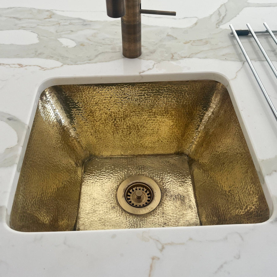 Handcrafted unlacquered brass kitchen sink hammered undermount front view – Brass For Homes