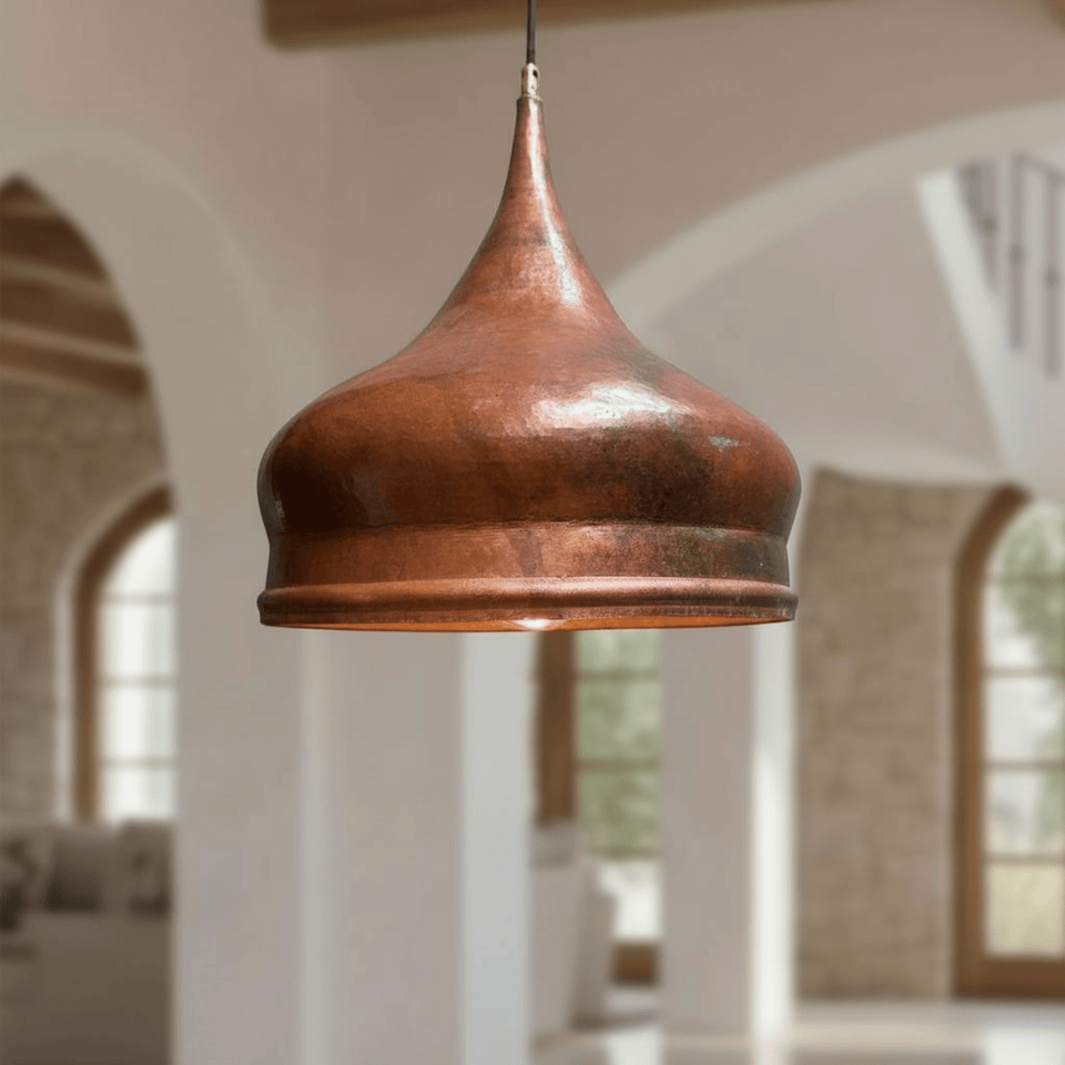 Hammered copper onion dome pendant light, front view – Brass For Homes