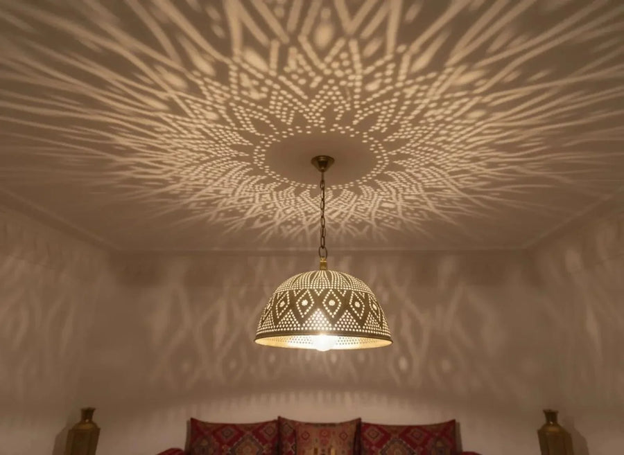 Moroccan brass pendant light with geometric openwork pattern – Brass For Homes