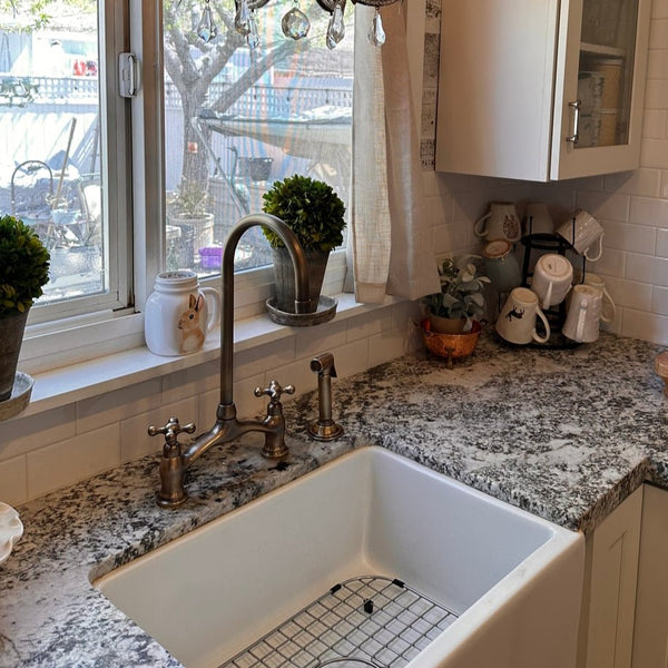 Oil rubbed bronze Victorian bridge kitchen faucet – ornate design, front view