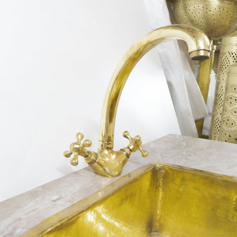 Unlacquered brass gooseneck kitchen faucet – high-arc spout, front view
