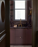 Polished unlacquered brass bridge faucet – two-handle operation detail