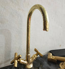 Unlacquered Brass Engraved Gooseneck Faucet bathroom faucet for bathroom vanities, powder rooms, basin sinks, and vintage-inspired wash spaces - view 2