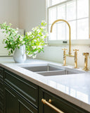 Polished brass bridge faucet with sprayer – side view