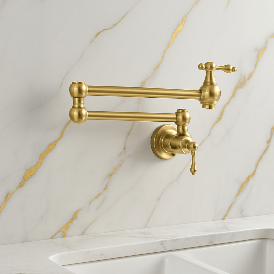 Unlacquered Brass Pot Filler – Solid Brass Wall Mount Faucet home decor accent for entryways, bathrooms, kitchens, shelves, and warm artisan interiors - view 1