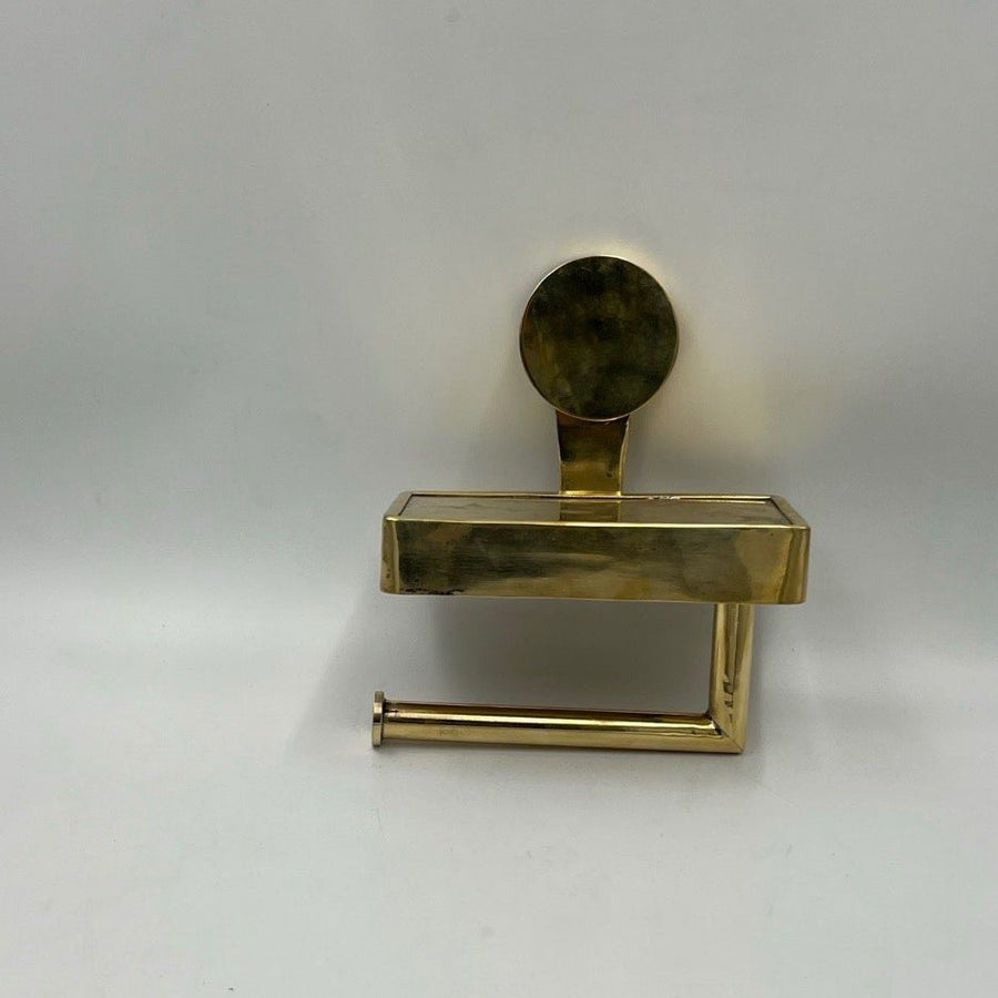 Brass Toilet Paper Holder With Shelf home decor accent for entryways, bathrooms, kitchens, shelves, and warm artisan interiors - view 1