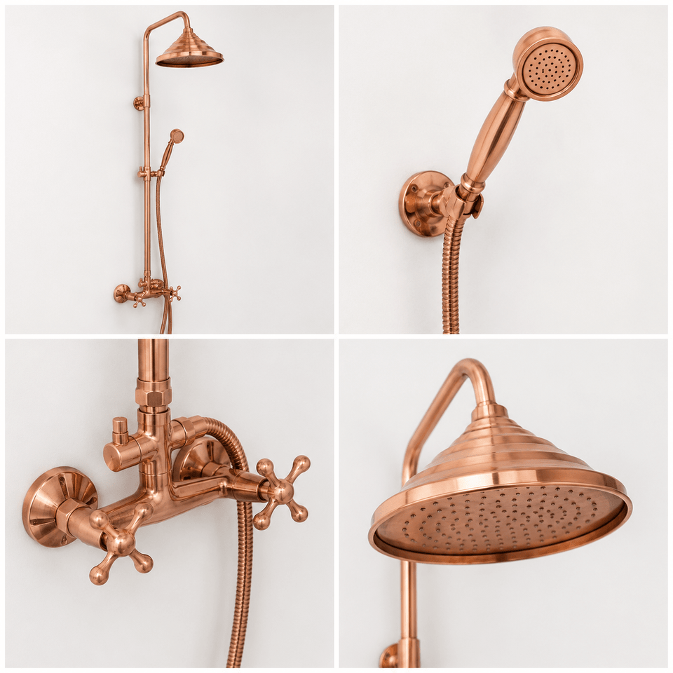 Unlacquered Copper Outdoor Shower with Handmade Copper Showerhead Shower Systems product photo